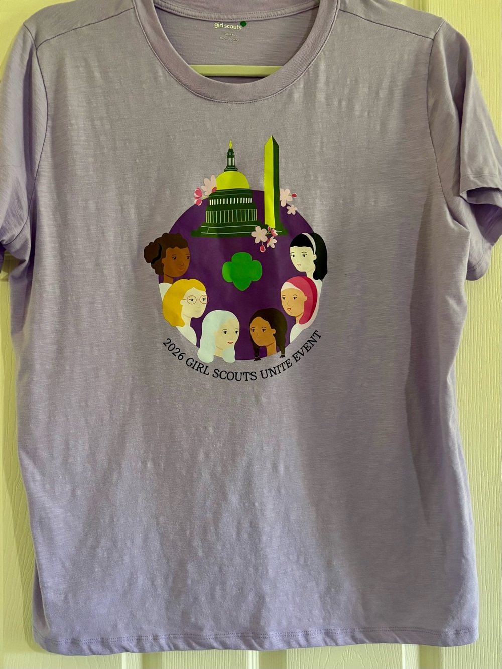 Girl Scouts Unite Lavender Graphic Tee and artists postcard.